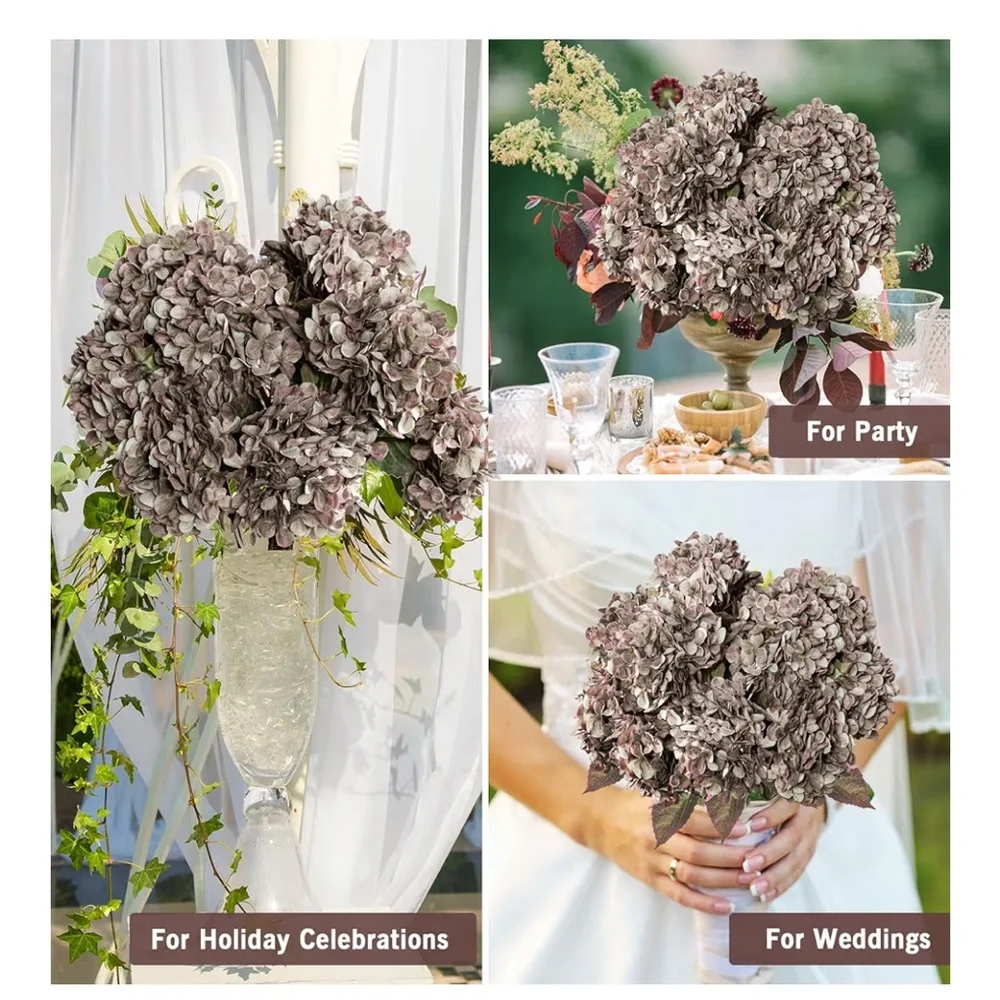 NIB Uqueeten Faux Hydrangea Heads with Stems 8 PCs Mauve/Brown Silk Realistic